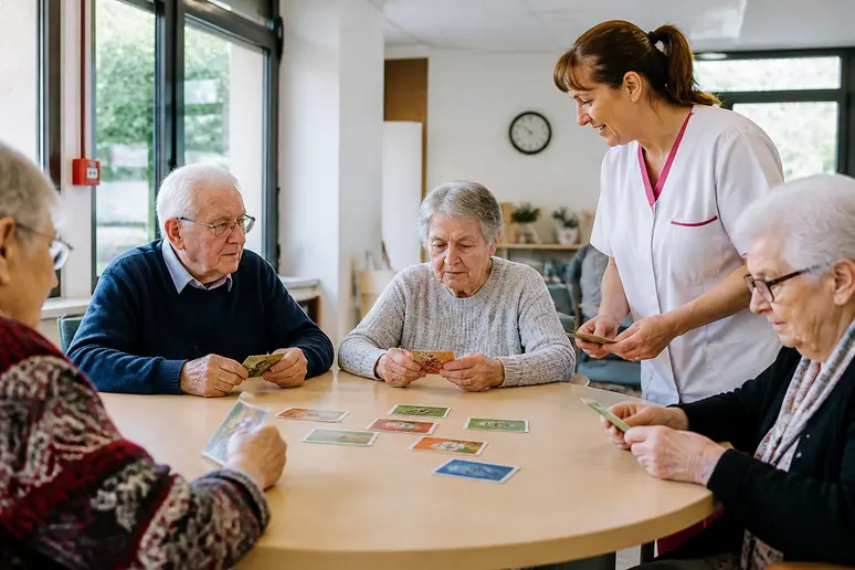 Personnes âgées participant à un atelier de stimulation cognitive lors d'une journée en accueil de jour en EHPAD