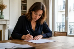 Un aidant familial gère ses démarches administratives pour percevoir son aidant familial salaire depuis son salon.