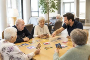 Un animateur et des résidents participent à une animation ehpad en atelier mémoire