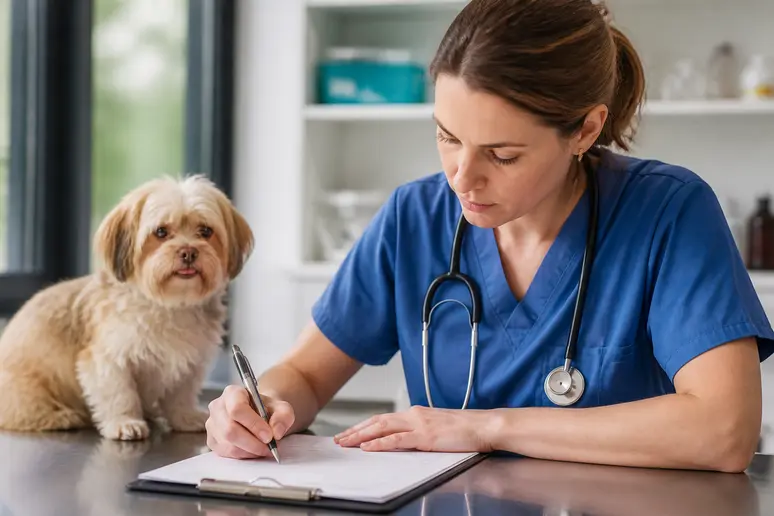 Un vétérinaire complétant le certificat vétérinaire obligatoire pour un animal en EHPAD.