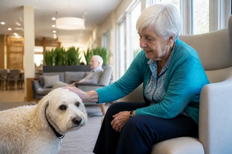 Un résident caressant son animal de compagnie dans les espaces de vie d'un EHPAD.