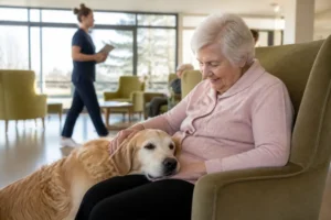 Une résidente sourit en caressant un chien dans le salon d'un établissement pour personnes âgées accueillant des animaux en ehpad