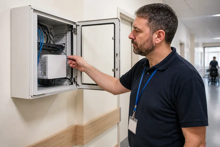 Technicien vérifiant un dispositif d'appel malade et de communication dans un couloir d'EHPAD
