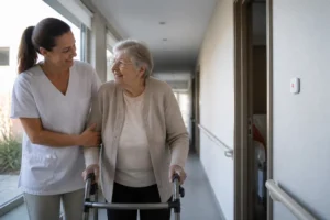 Un soignant accompagne une résidente dans le couloir d'une maison de retraite près d'un dispositif d'appel malade ehpad.