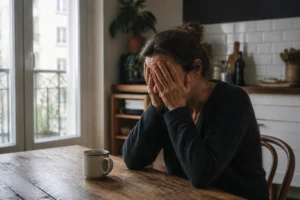 Une femme fatiguée assise à une table reflète le burn out aidant familial au quotidien dans son salon.