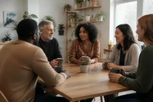plusieurs personnes discutent autour d'une tasse lors d'un café des aidants dans une salle lumineuse