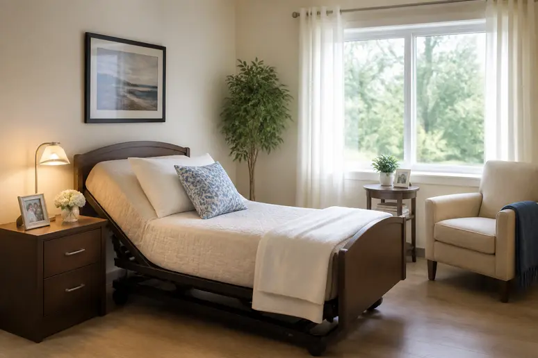 Chambre ehpad individuelle lumineuse aménagée avec un lit médicalisé et des objets personnels