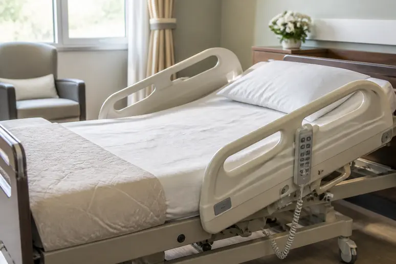 Équipement standard d'une chambre ehpad avec un lit médicalisé réglable et sécurisé
