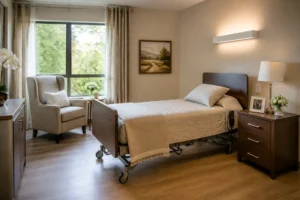 Aménagement lumineux et moderne d'une chambre ehpad individuelle avec lit médicalisé et fauteuil confortable.