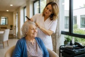 Une coiffeuse qualifiée coiffe une résidente souriante en coiffure ehpad dans un salon lumineux