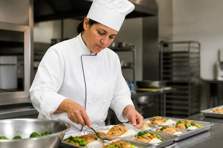 Cuisinier préparant et vérifiant les plateaux de repas pour la cuisine ehpad dans une cuisine professionnelle