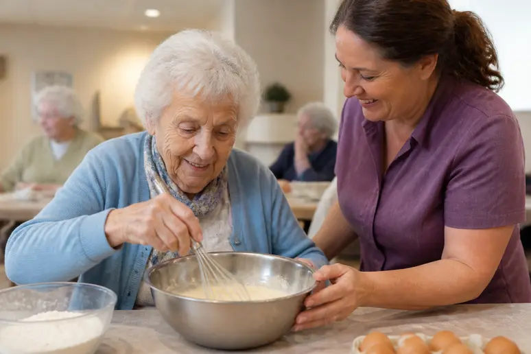 Résident âgé participant à un atelier de cuisine-thérapie en ehpad pour stimuler sa mémoire et son appétit