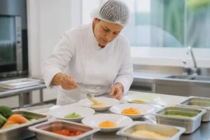 Un chef prépare des plats adaptés dans une cuisine ehpad professionnelle lumineuse.