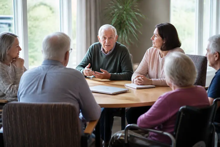 Membres d'un conseil de la vie sociale réunis autour d'une table en EHPAD