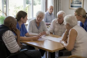 Plusieurs résidents et membres du personnel échangent autour d'une table lors d'une réunion du cvs ehpad.