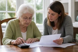 Un proche examine les détails d'une facture ehpad sur des documents papier autour d'une table.
