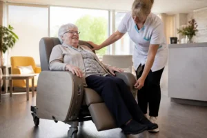 Un fauteuil confort ehpad adapté aux résidents de petite taille installé dans un salon lumineux