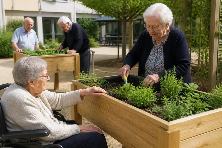 Bacs de plantation surélevés dans un jardin thérapeutique ehpad pour ateliers adaptés