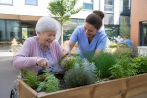Un résident et une soignante plantent des fleurs dans un jardin thérapeutique ehpad adapté et lumineux.
