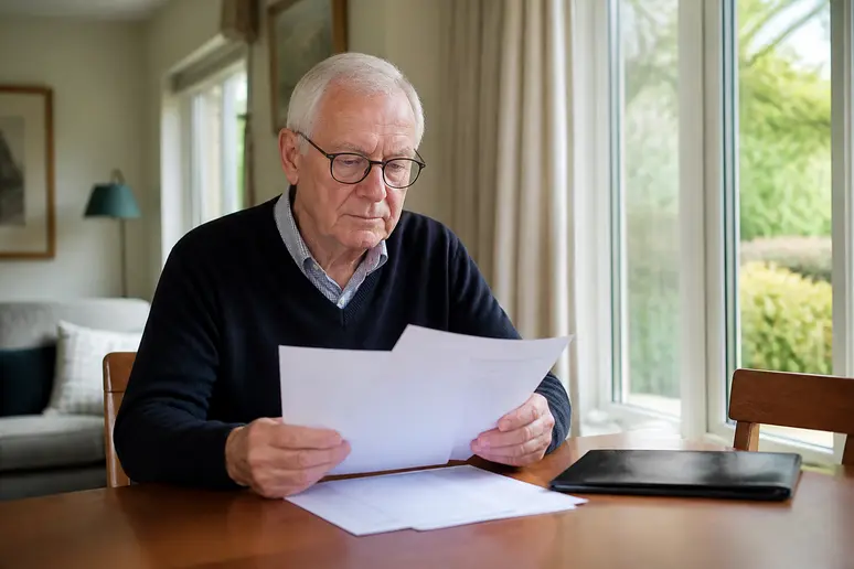 Résident examinant les factures et tarifs d'hébergement pour comparer les coûts en maison de retraite