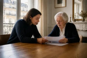 Un proche examine les documents officiels d un mandat protection future avec une personne âgée à table