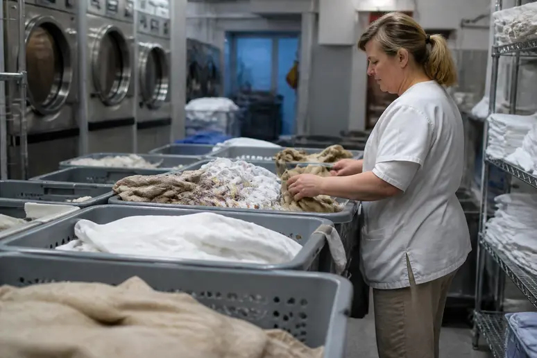 Bac de linge trié en blanchisserie collective pour le marquage linge ehpad en institution.