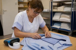 Un professionnel applique des étiquettes textiles lors d'un service de marquage linge ehpad dans une buanderie.