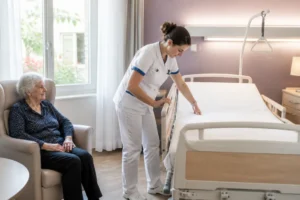 Une infirmière ajuste un lit médicalisé dans une chambre lumineuse avec du matériel médical en EHPAD.