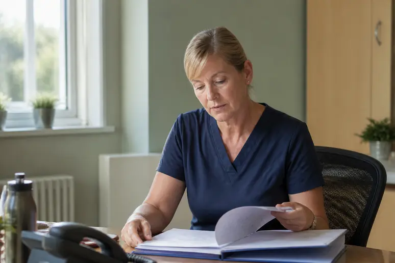 Médecin coordonnateur en EHPAD consultant un dossier de soins dans son bureau