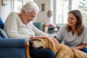 Un résident caresse un chien affectueux lors d'une séance de médiation animale ehpad.