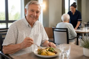 Un résident savoure un repas équilibré et soigné lors du service en menu ehpad