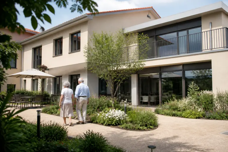 Batiment exterieur d'une maison de retraite medicalisee avec espace vert pour l'hebergement des personnes agees