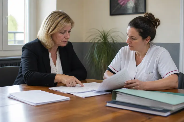Directeur d'EHPAD et soignante organisant les protocoles écrits du plan bleu sur une table.