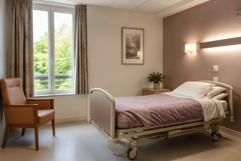 Chambre médicalisée lumineuse et équipée dans une maison de retraite pour évaluer le tarif d'hébergement en EHPAD.
