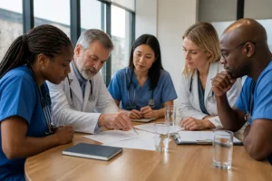 Réunion de travail d'équipe pour la mise en place d'un projet établissement ehpad en salle lumineuse