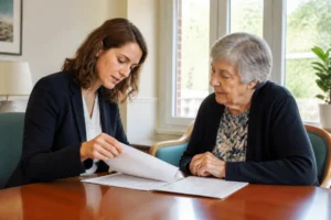 Un résident et un professionnel discutent autour de documents pour le projet personnalisé ehpad.