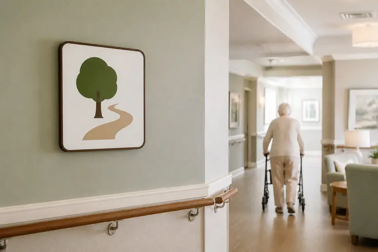 Panneau de signalétique illustrée dans le couloir d'un EHPAD pour guider les résidents
