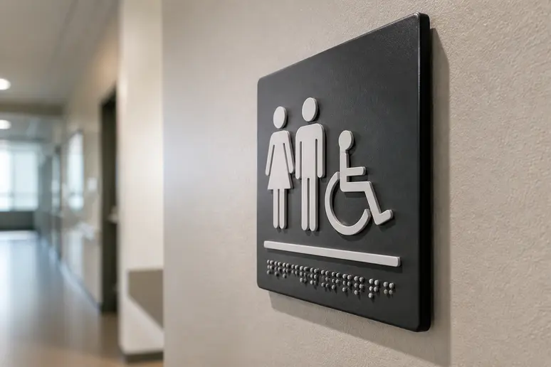 Panneau avec police sans empattement et contrastes marqués pour une signalétique inclusive en EHPAD