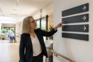 Un professionnel examine une signalétique ehpad claire et contrastée dans le couloir d'un établissement adapté.