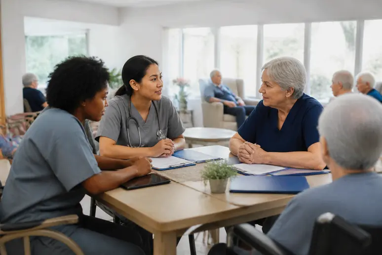 Des professionnels de santé en ehpad partagent un moment d'échange autour des pratiques d'apaisement.