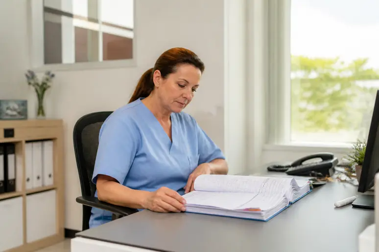Cadre de santé analysant les plannings et les ETP pour calculer le taux d'encadrement