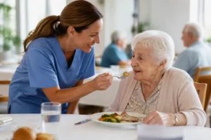 Un soignant accompagne une personne âgée dans une salle à manger lumineuse illustrant le taux d’encadrement en EHPAD.