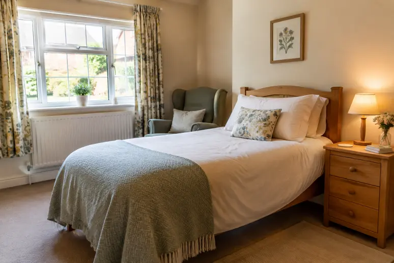Chambre individuelle aménagée pour l'accueil familial d'une personne âgée avec un lit confortable et une table de chevet
