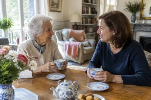 Une femme âgée partage un moment de discussion chaleureux avec sa logeuse dans un salon lumineux pour un accueil familial personne âgée