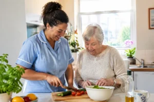 Une auxiliaire de vie personne âgée aide une dame dans sa cuisine lumineuse