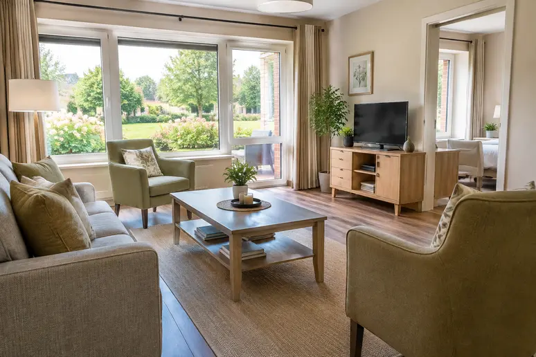 Intérieur lumineux d'un logement en béguinage senior aménagé pour faciliter l'autonomie quotidienne