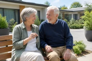 Deux résidents souriants discutent sur un banc dans la cour ensoleillée d'un béguinage senior.