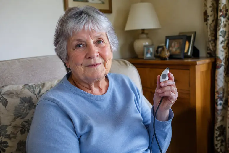 Une personne âgée tient un bracelet sos senior dans son salon lumineux.