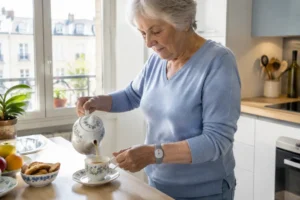 Une femme âgée dans sa cuisine porte un bracelet sos senior au poignet en préparant le thé