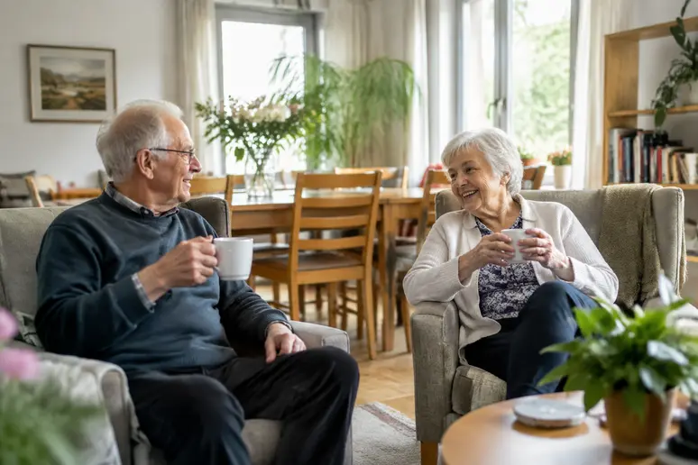 Espace de vie partagé lumineux et chaleureux au sein d'une colocation senior.